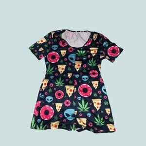 Eclectic Stoner Icons Romper (Doughnuts, Aliens, Pizza and Hemp Leaves)